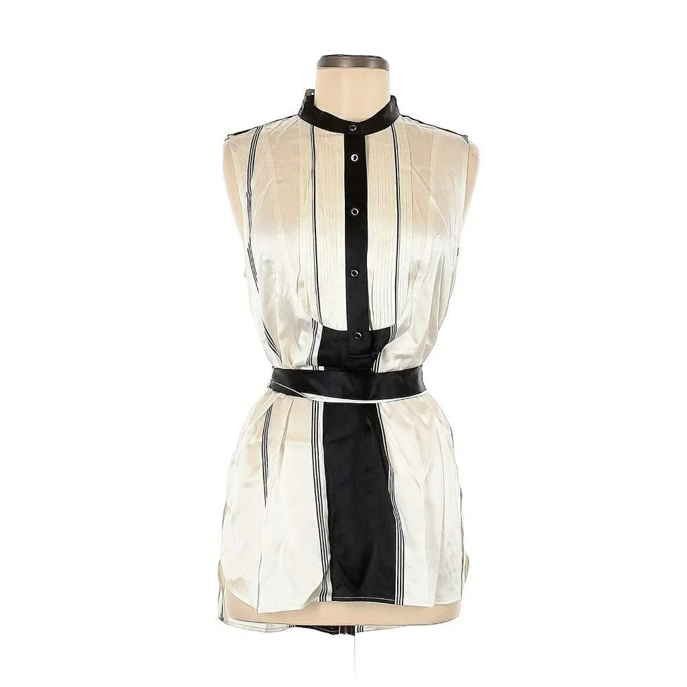NWT J. Crew Collection Tuxedo-Front Silk Tunic in Ivory Black Stripe Top 8